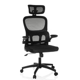 Svart Home Office kontorsstol ERGOMY FLEX med nätrygg, nackstöd och femhjulig bas från MyBuero – 360-gradersvy (framifrån 15°)