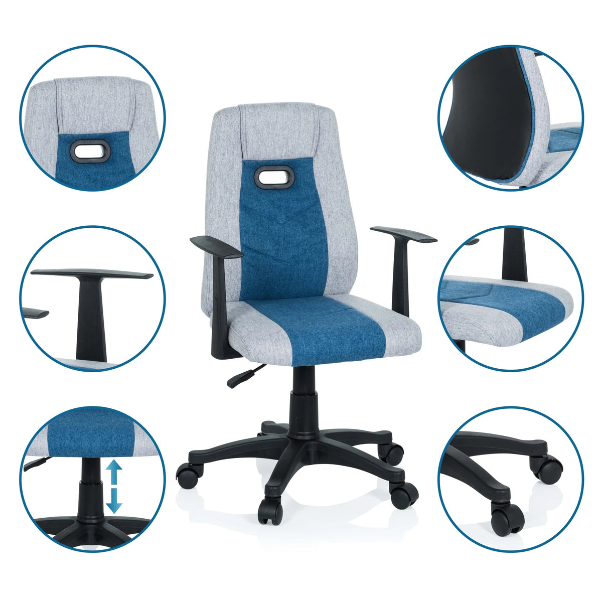 Snurrstol för barn KIDDY EXTRA i gråblå med detaljvyer av armstöd, gasfjäder och hjul från hjh OFFICE