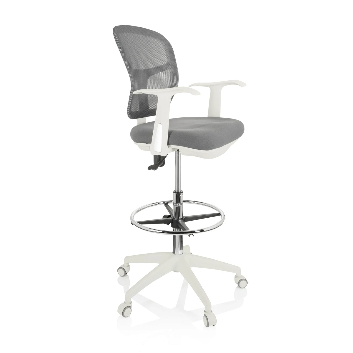 Grå bardiskstol TOP WORK 108 W med nätrygg, fotring och vitt femstjärnigt underrede med hjul från hjh OFFICE – 360-gradersvy (snett framifrån 60°)