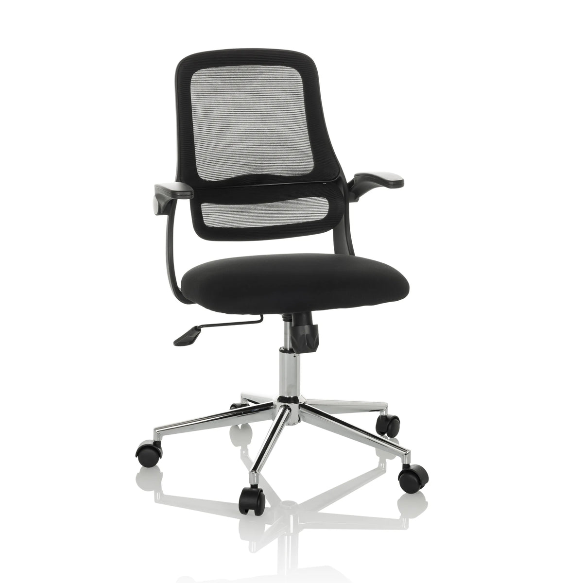 Schwarzer Homeoffice-Bürostuhl MIKO B ECO mit Netzrücken und Fußkreuz mit fünf Rollen von hjh OFFICE – 360-Grad-Ansicht (Frontansicht 15°)