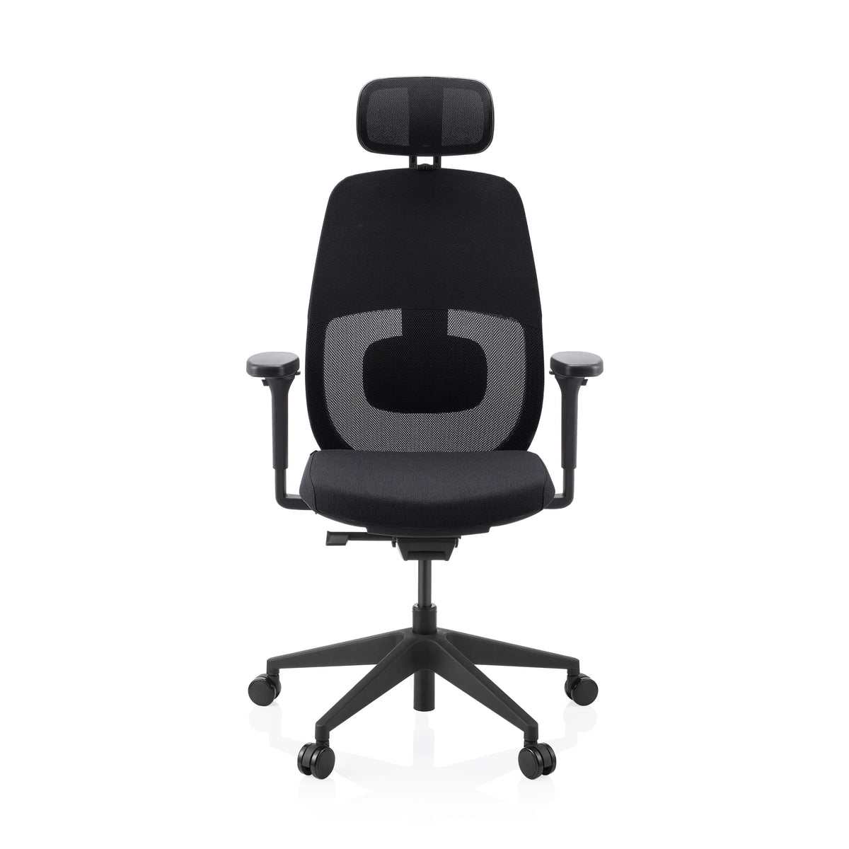 Svart Professionell kontorsstol Skandis Pro med nackstöd, nätrygg och femhjuligt fotkors från hjh OFFICE – 360-gradersvy (framifrån 0°)