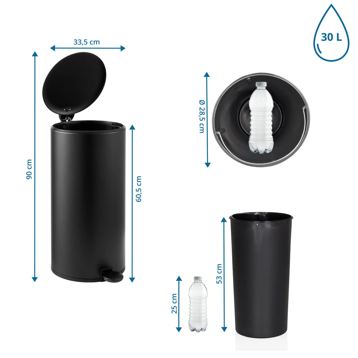Måttritning av papperskorg CLEAN STEP 2 med 90 cm höjd och 30 L volym från hjh OFFICE