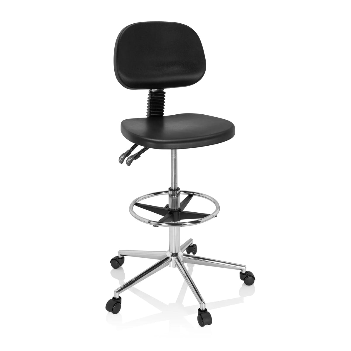 Svart bardiskstol TOP WORK 24 I med fotring och femkorsfot med hjul från hjh OFFICE – 360-gradersvy (framifrån 20°)