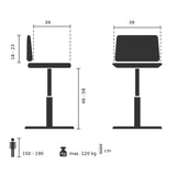 Technische Zeichnung des Drehhockers TOP WORK FLEX PU mit einer Sitzhöhe von 46-58 cm von hjh OFFICE