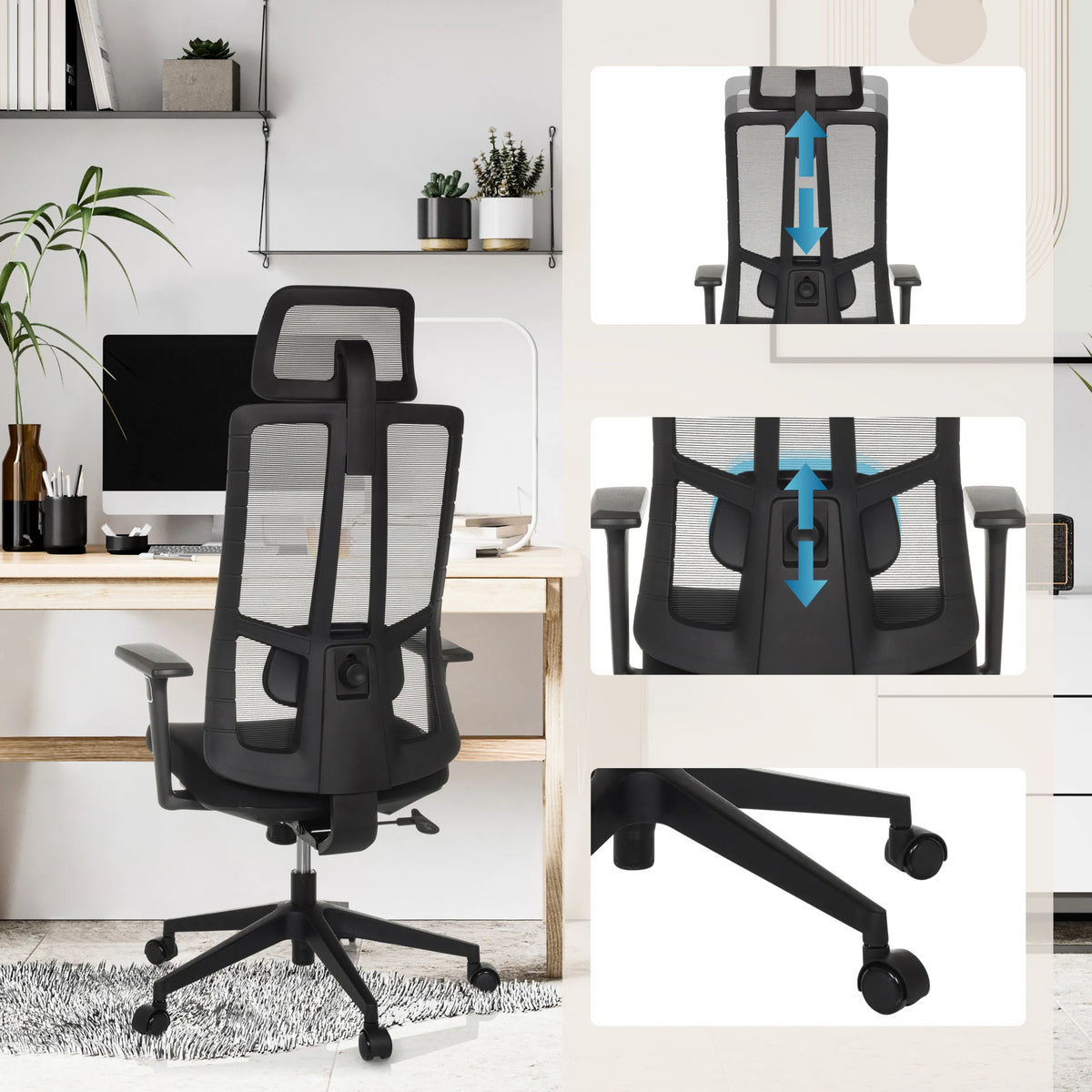 Höjdjusterbart nackstöd, svankstöd och hjul på Professionell kontorsstol TRAMORE från hjh OFFICE