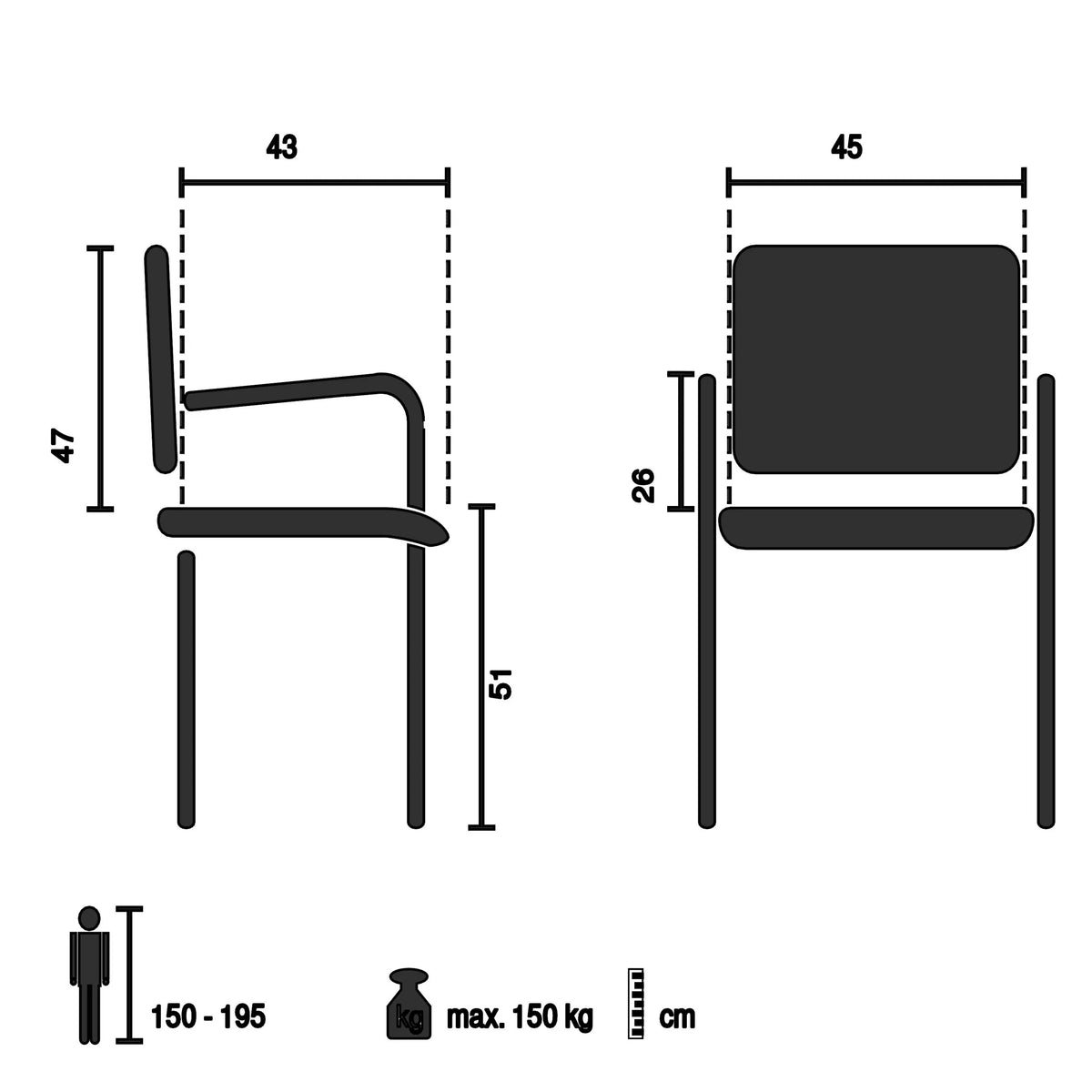 Teknisk ritning av Hopfällbar stol PRIORITY II W PU med en maximal belastning på 150 kg från hjh OFFICE