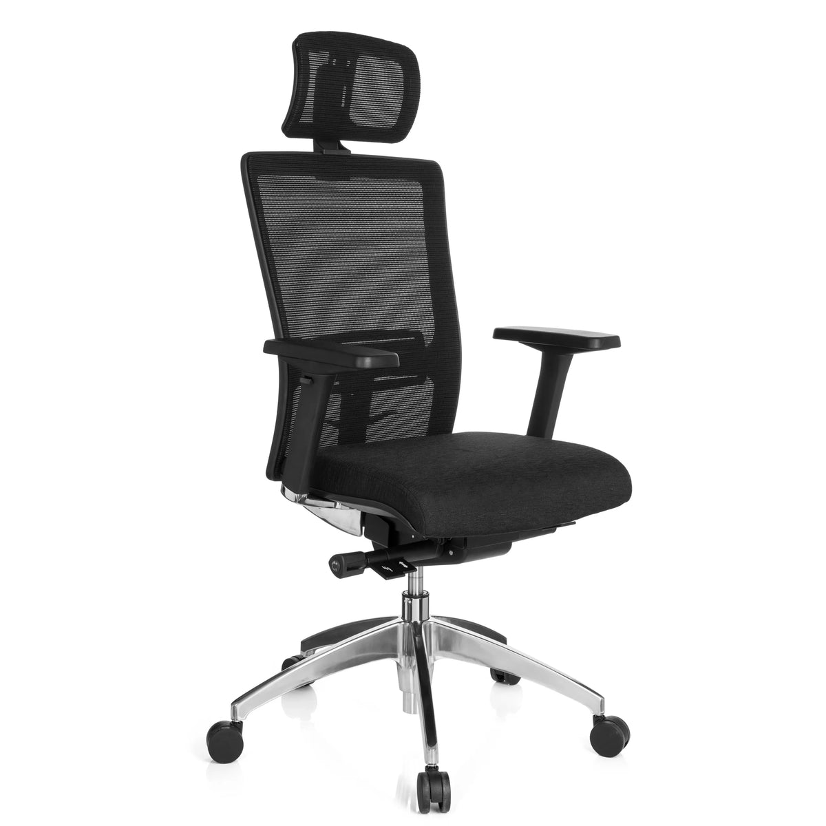 Svart Professionell kontorsstol ASTRA LUX med nätrygg, nackstöd och femhjulig fotkorsbas från hjh OFFICE – 360-gradersvy (snett framifrån 40°)