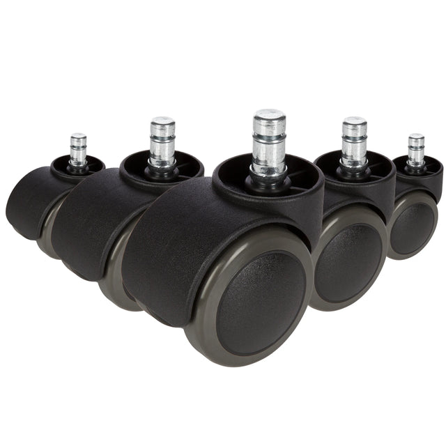Fünf schwarze Stuhlrollen 5x ROLO 11mm/50mm für Hartböden mit silberfarbenen Bolzen von hjh OFFICE
