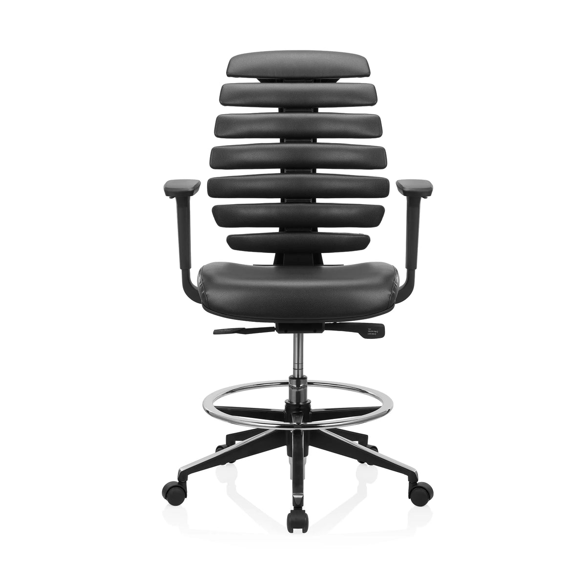 Svart Bardiskstol ERGO LINE II WORK i konstläder med fotring och femhjulig stjärnfot från hjh OFFICE – 360-gradersvy (framifrån 0°)