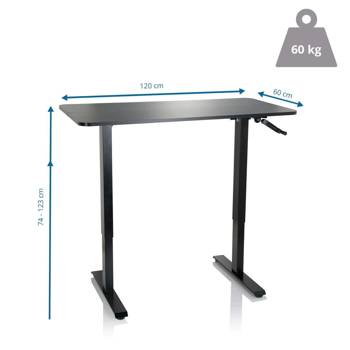 Måttritning av Ståskrivbord STAND CR med 120 x 60 cm och en bärkapacitet på 60 kg från hjh OFFICE