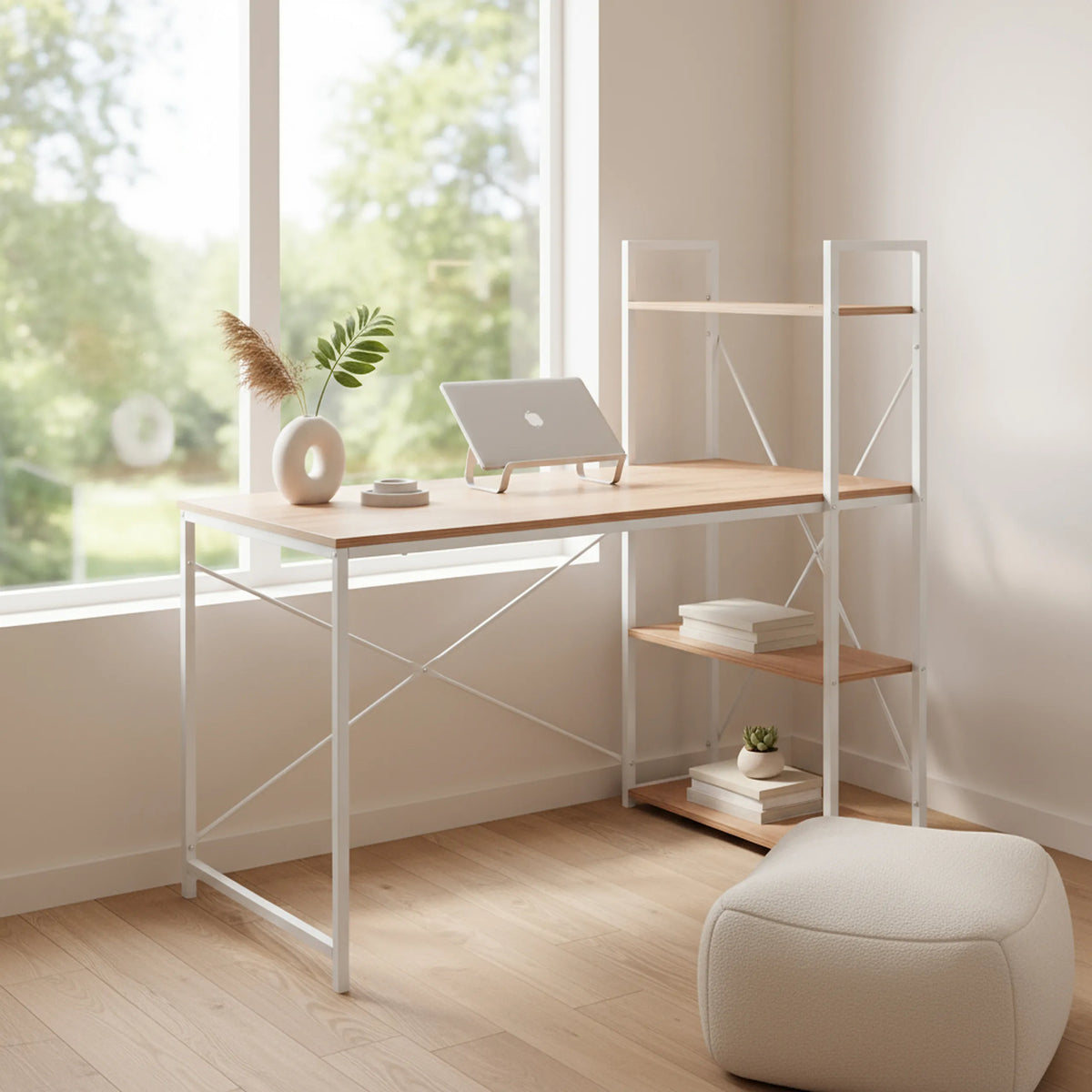 Skrivbord Easy Up3 i vitt och ek med integrerad hylla och vit metallram från hjh LIVING