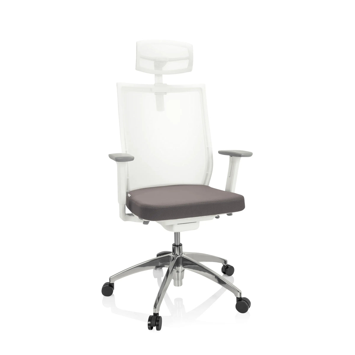 Gråvit Professionell kontorsstol ASPEN WHITE PRO med nätrygg, nackstöd och femstjärnigt fotkors med hjul från hjh OFFICE – 360-gradersvy (framifrån 20°)