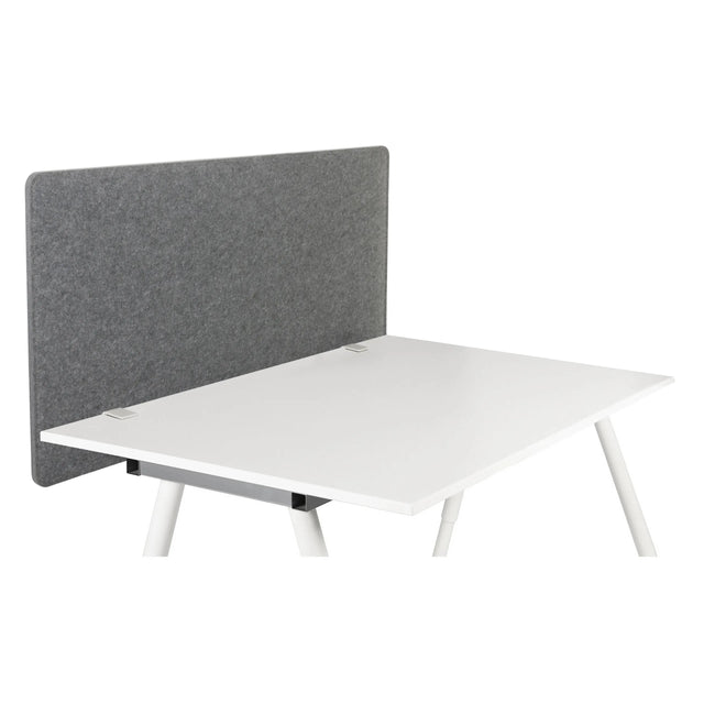 Graue Tischtrennwand FLEXMIUT 3D mit rechteckiger Form auf einem weißen Schreibtisch von hjh OFFICE