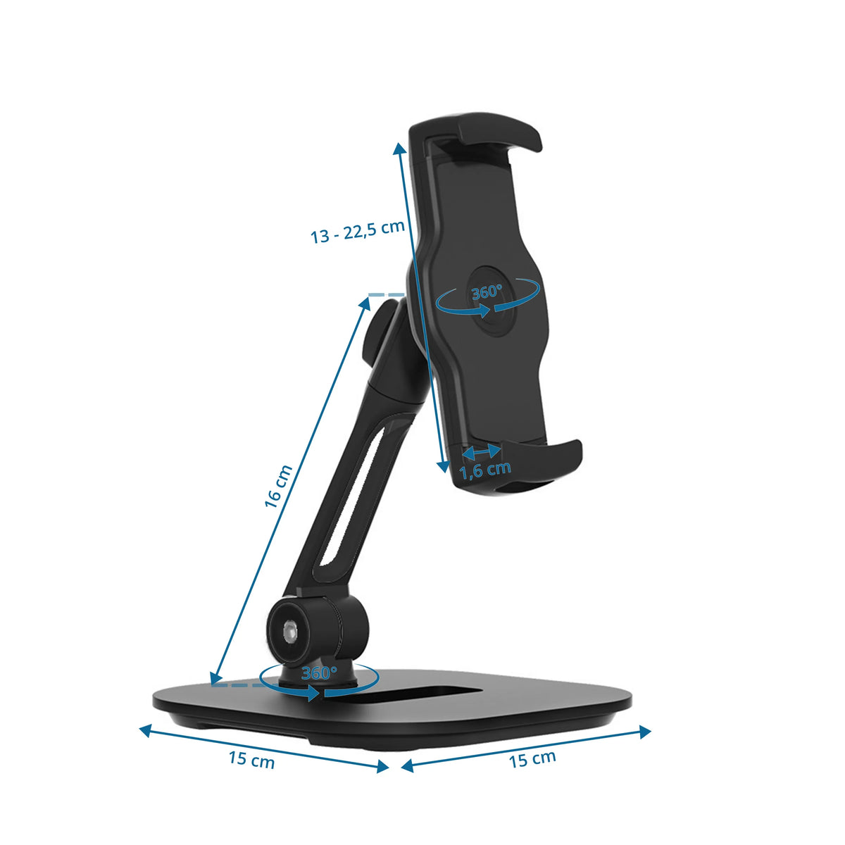 Måttritning av Hållare för mobiltelefon & surfplatta FLEXMOBI IV med 15 × 15 cm bas från hjh OFFICE