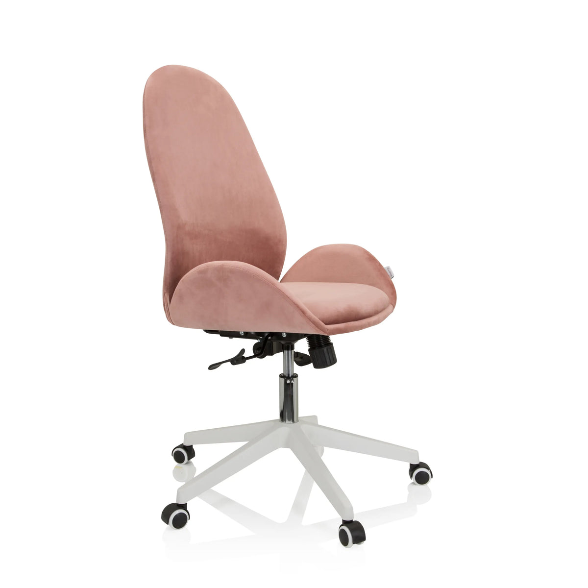 Rosa Home Office kontorsstol AVEA med armstöd och vitt femstjärnigt underrede med hjul från hjh OFFICE – 360-gradersvy (snett framifrån 60°)