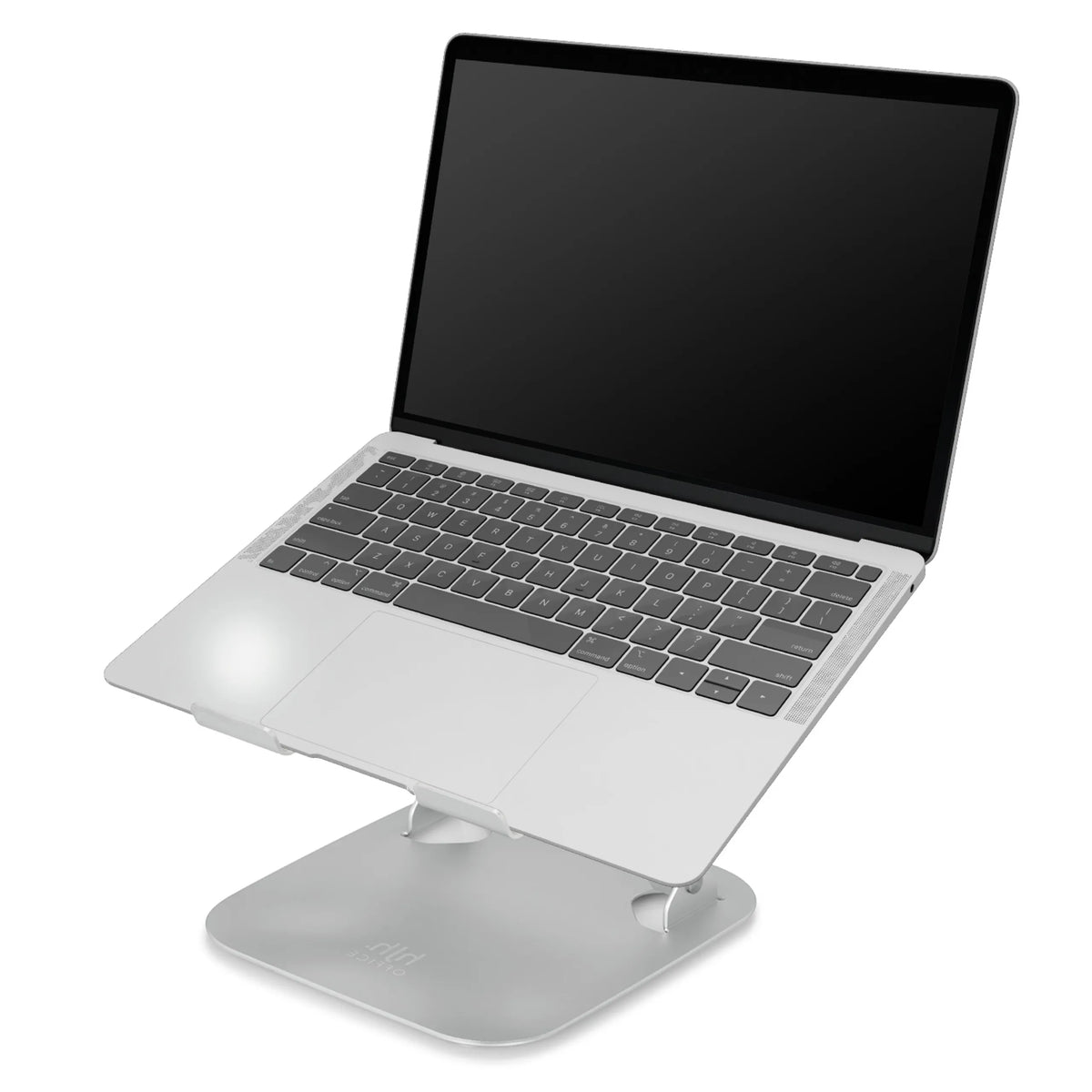 Silverfärgat underlägg för bärbar dator LAPTOP STAND med en bärbar dator placerad ovanpå i lutande position från hjh OFFICE