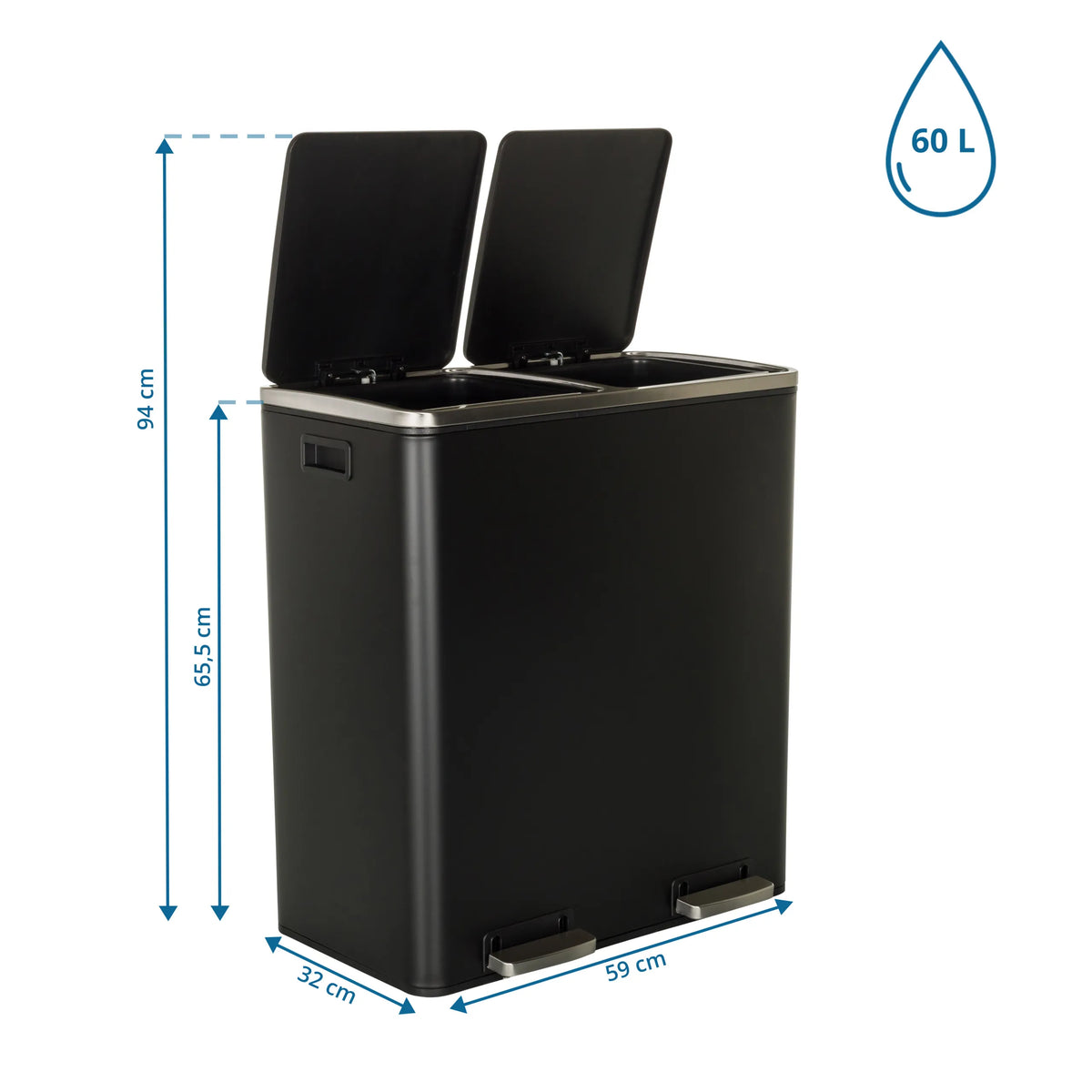 Måttritning av papperskorg CLEAN XI med en höjd på 94 cm och en volym på 60 l från hjh OFFICE