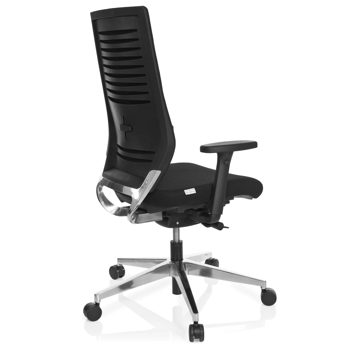 Svart Professionell kontorsstol PRO-TEC 700 med armstöd och blankt femstjärnigt underrede med hjul från hjh OFFICE – 360-gradersvy (snett bakifrån 120°)