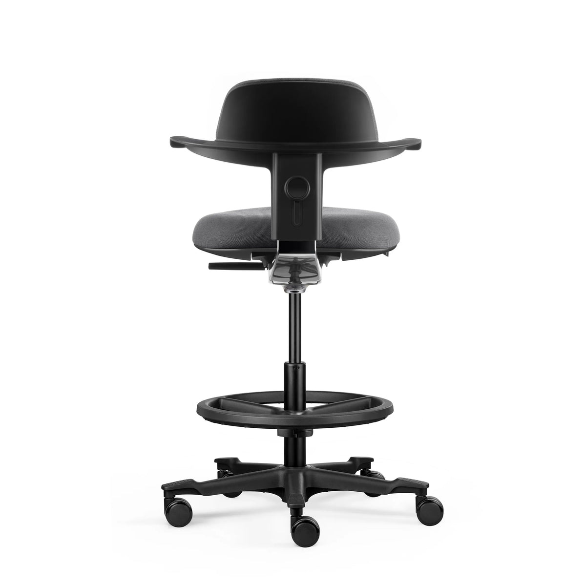 Baksida av den mörkgrå Arbetsstol TOP WORK 40 med fotring och hjul från hjh OFFICE