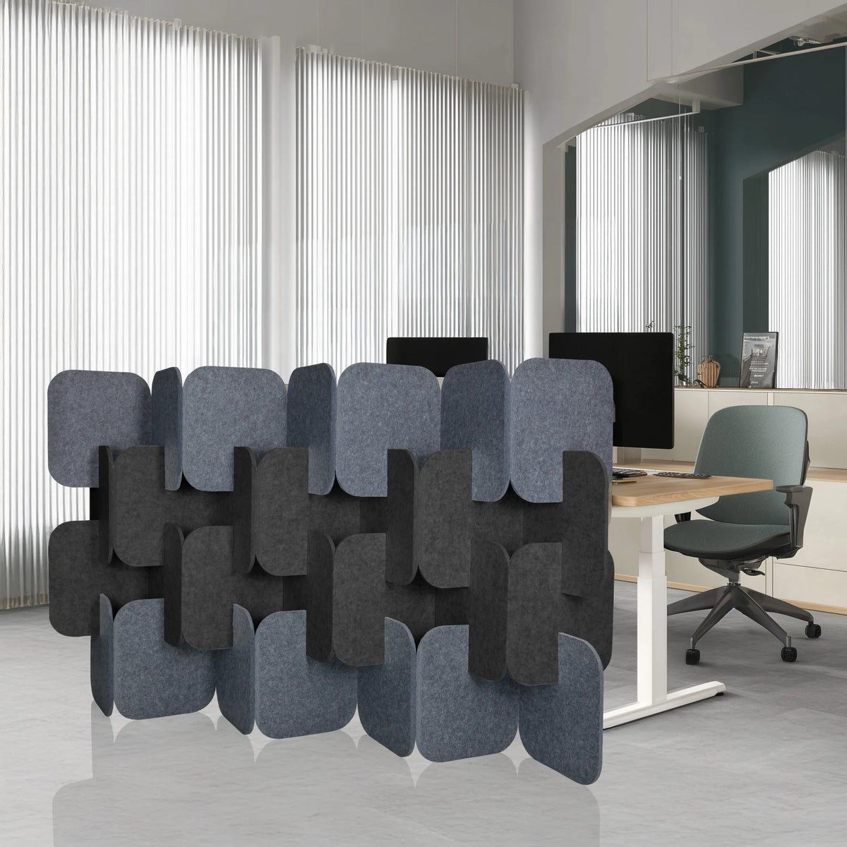 Grå och mörkgrå skärmväggar FLEXMIUT PLUG i modulär uppställning från hjh OFFICE