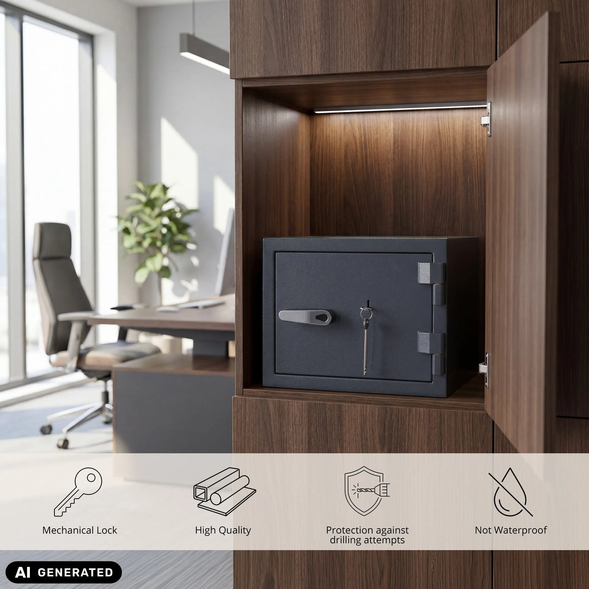 Antracitgrått kassaskåp Safe Compact Pro med mekaniskt lås i ett skåp från hjh OFFICE (AI-genererad bild)