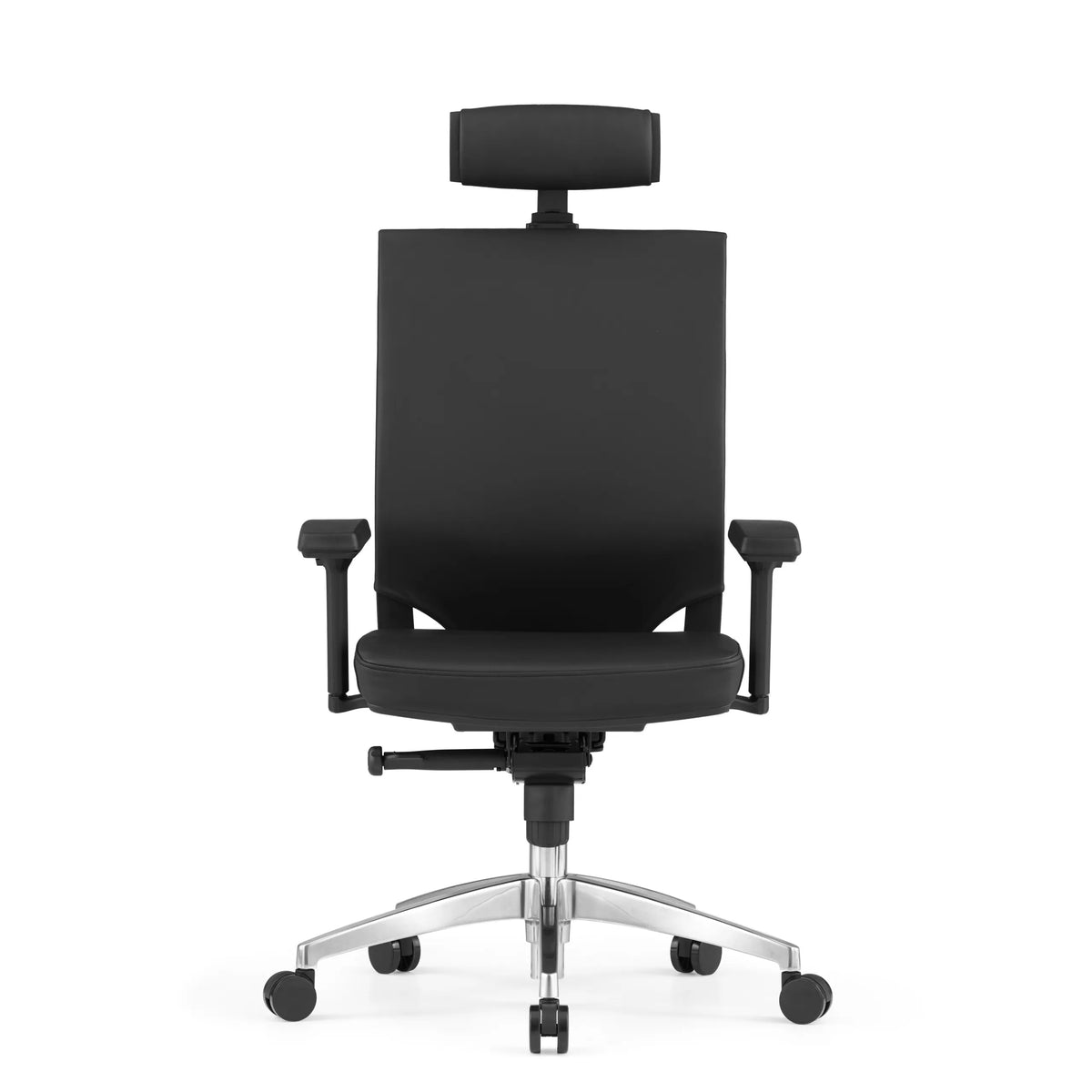 Svart Professionell kontorsstol PORTO MAX HIGH i läder med nackstöd och femhjulig fotkorsbas från hjh OFFICE – 360-gradersvy (framifrån 0°)