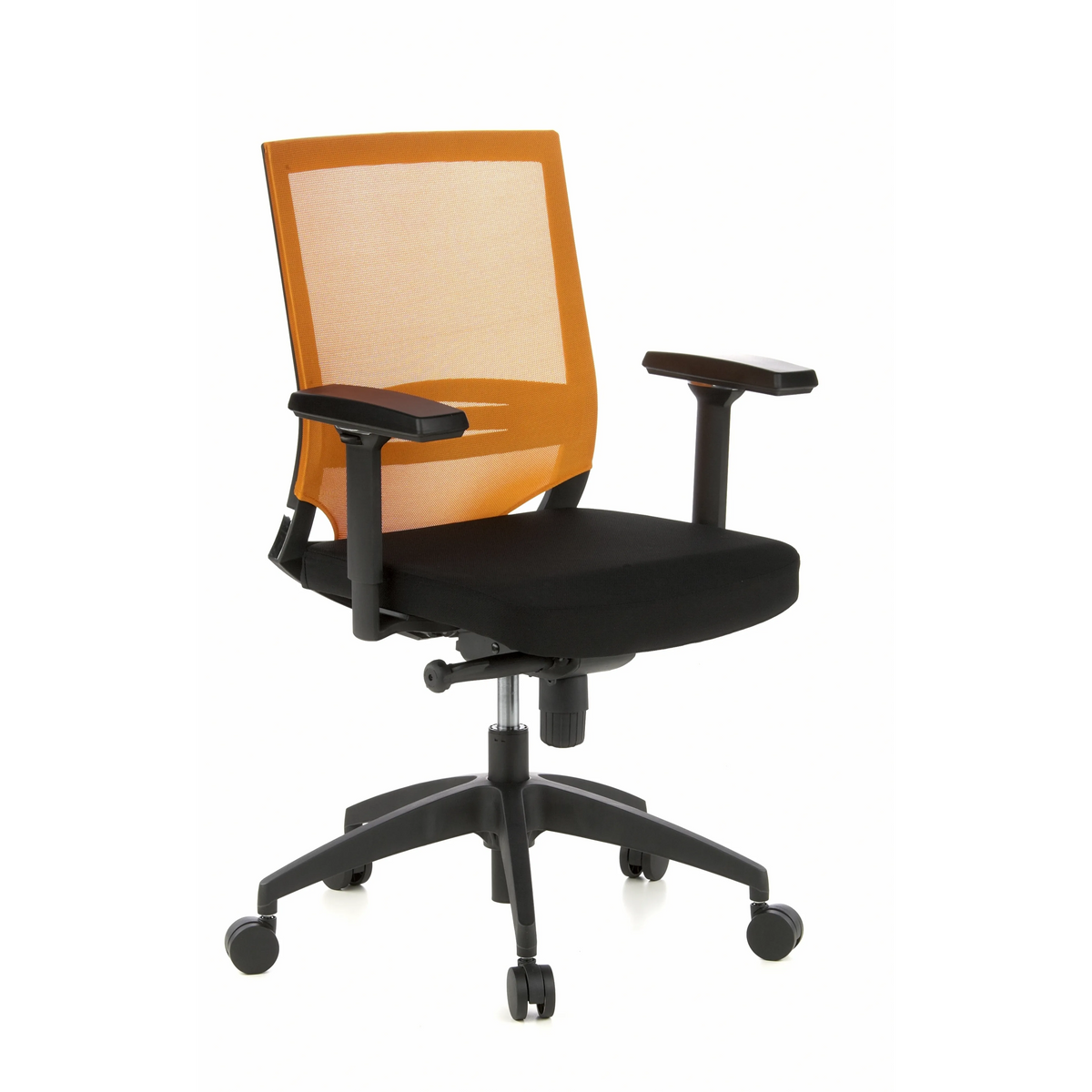 Svart-orange Professionell kontorsstol PORTO BASE med nätrygg och femhjulig fotkorsbas från hjh OFFICE – 360-gradersvy (snett framifrån 40°)