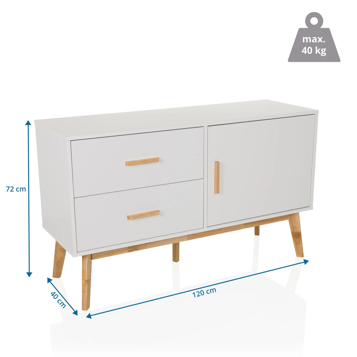 Måttvy av sidobordet TAROLO med 120 × 40 cm och en maximal belastning på 40 kg från hjh LIVING