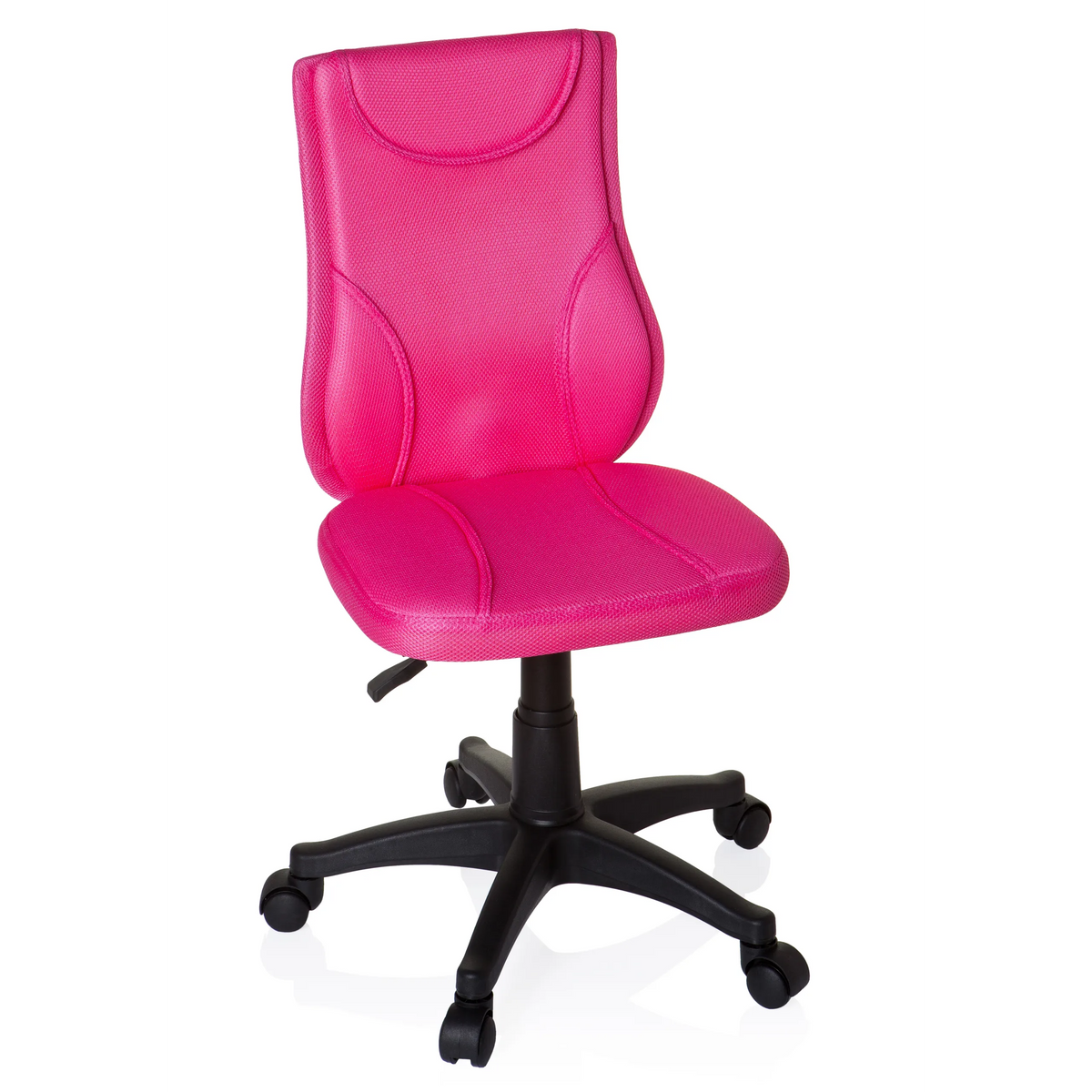 Rosa Snurrstol för barn KIDDY BASE med nätrygg och svart femstjärnigt fotkors med hjul från hjh OFFICE – 360-gradersvy (framifrån 20°)