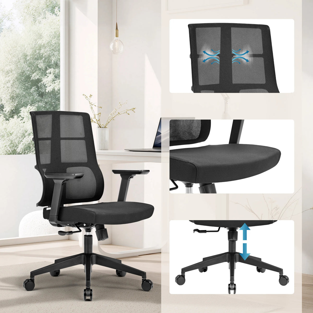 Professionell kontorsstol SPINIO i svart med andningsbart ryggstöd och höjdjusterbar gasfjäder från hjh OFFICE