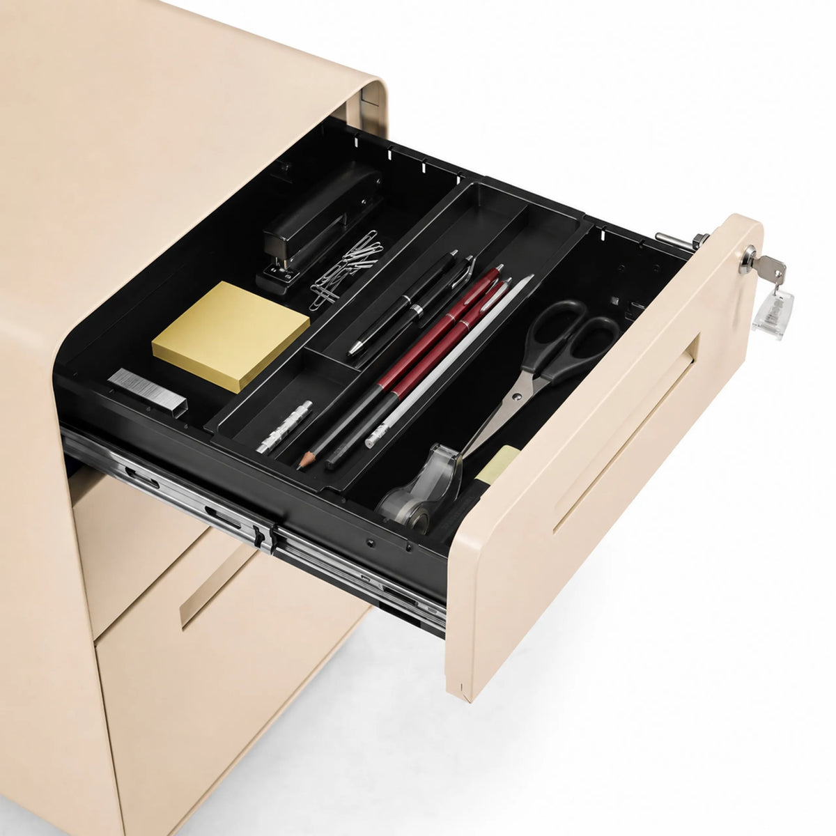 Öppen låda med organizer-insats och kontorsmaterial från rullcontainern COLOR PLUS I i beige från hjh OFFICE