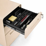 Öppen låda med organizer-insats och kontorsmaterial från rullcontainern COLOR PLUS I i beige från hjh OFFICE