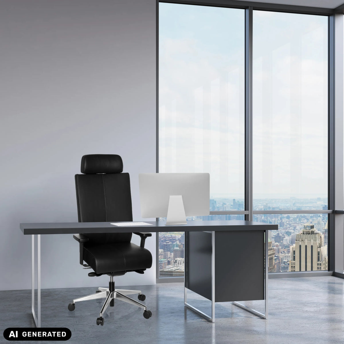 Svart professionell kontorsstol PRO-TEC XXL i läder vid ett skrivbord från hjh OFFICE (AI-genererad bild)