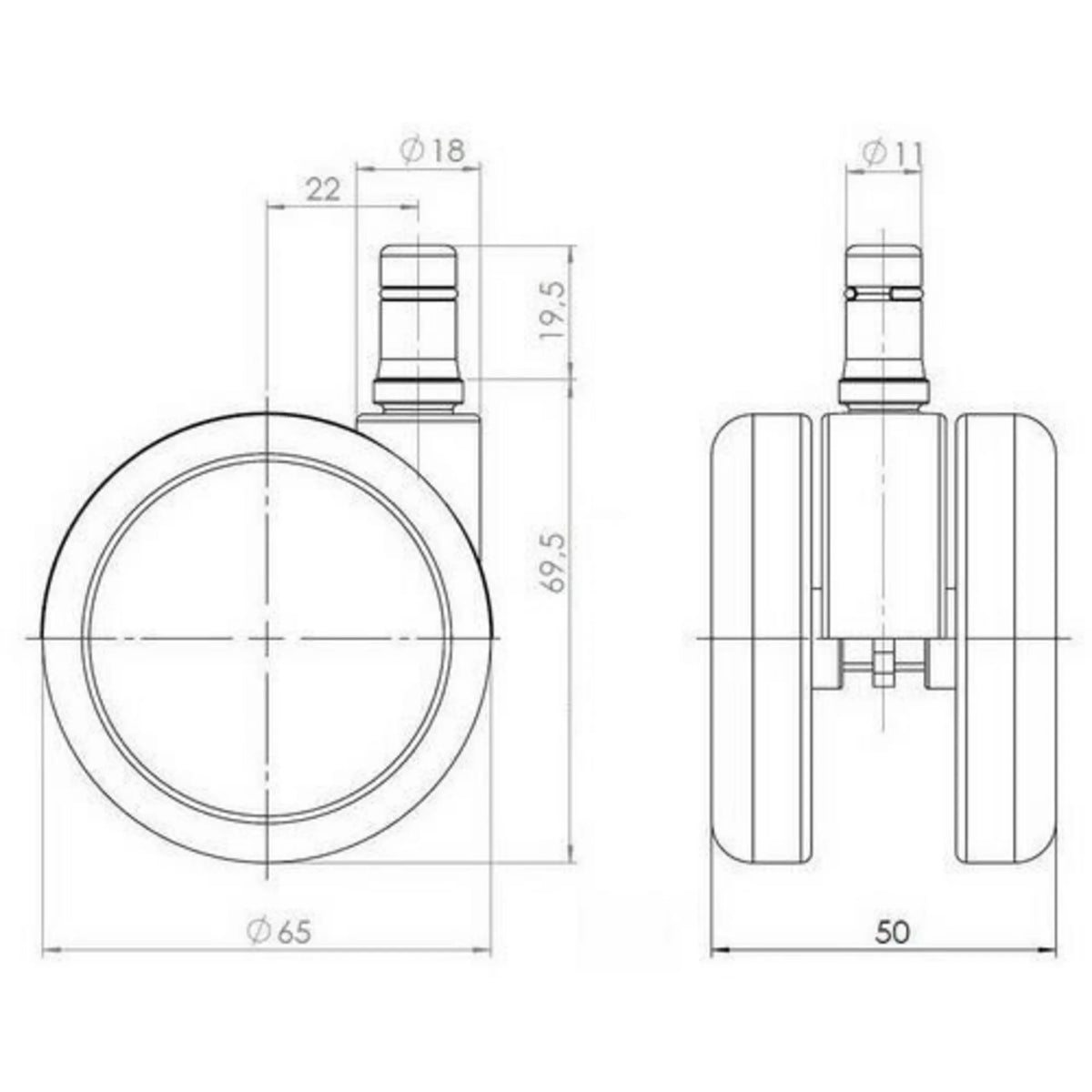 Teknisk ritning av Stolehjul 5x ROLO 11mm/65mm med en diameter på 65 mm från hjh OFFICE
