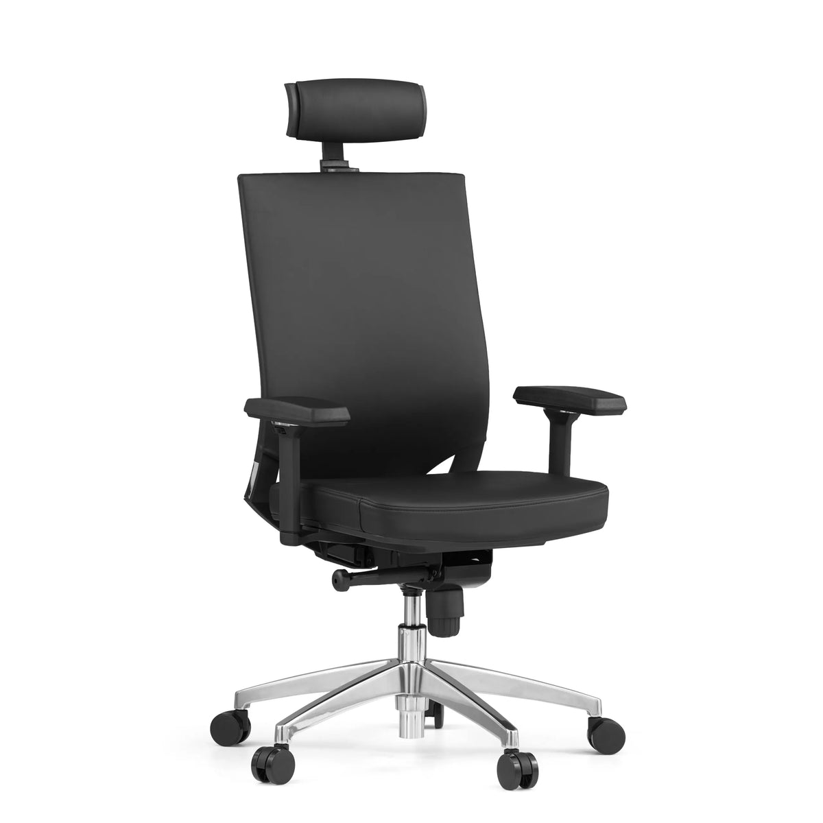 Svart Professionell kontorsstol PORTO MAX HIGH i läder med nackstöd och femhjulig fotkorsbas från hjh OFFICE – 360-gradersvy (snett framifrån 30°)