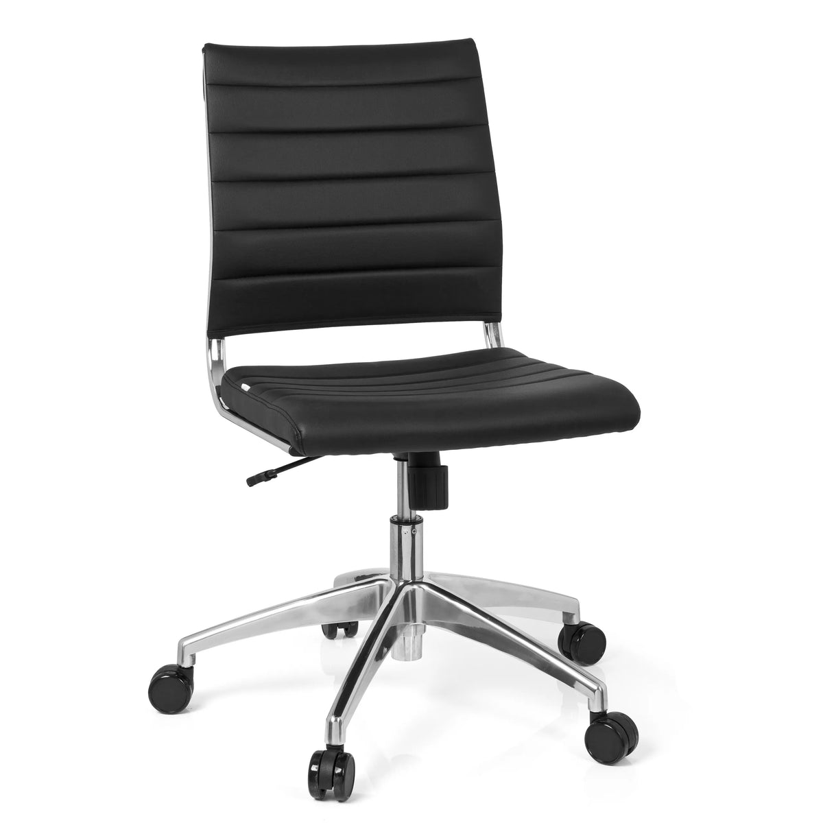 Svart Professionell kontorsstol TRISHA med quiltad stoppning och femhjulig fotkorsbas från hjh OFFICE – 360-gradersvy (framifrån 20°)