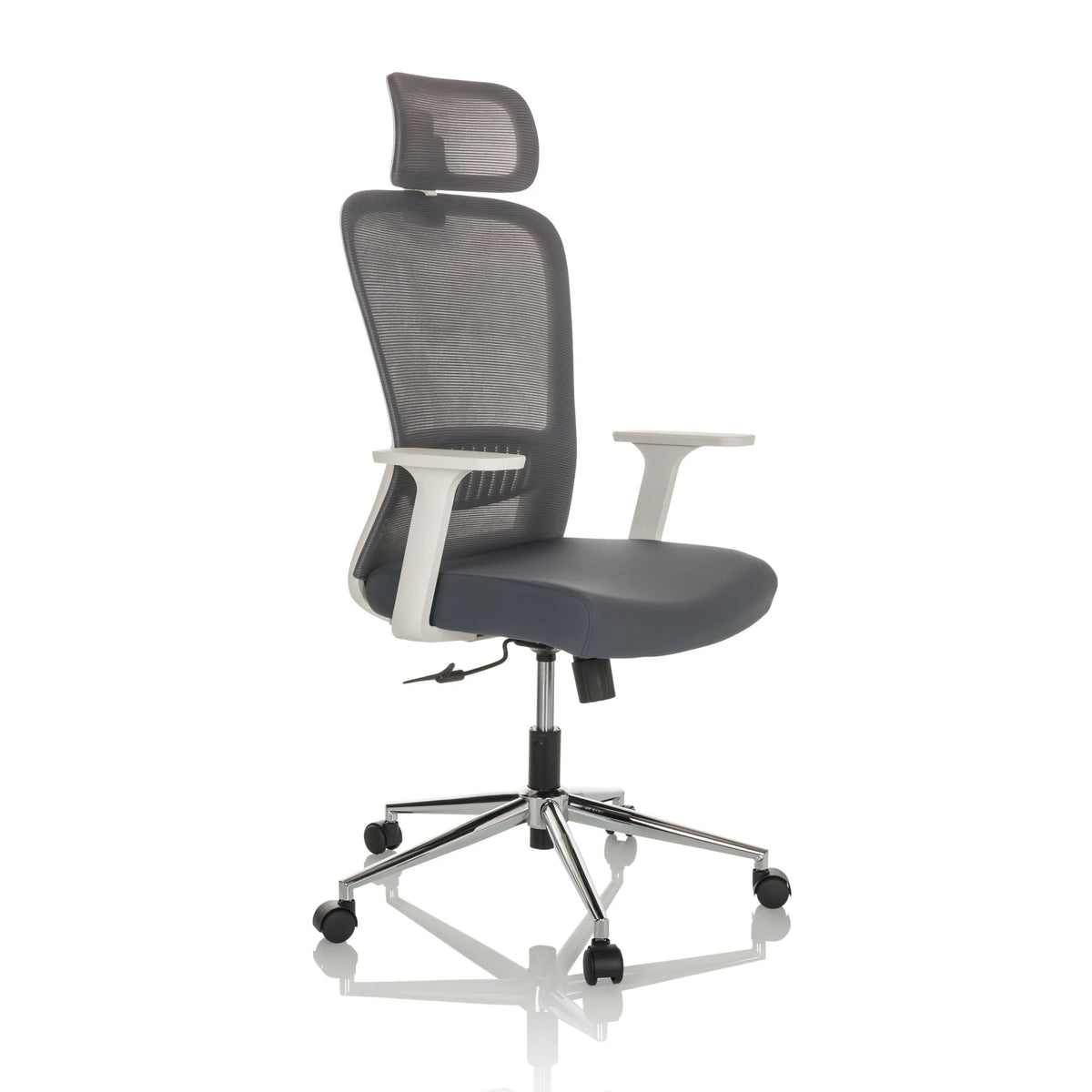Grå Home Office kontorsstol BELAIA W med nätrygg, nackstöd och femhjulig fotkorsbas från hjh OFFICE – 360-gradersvy (snett framifrån 45°)