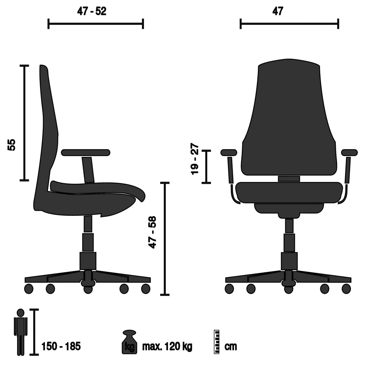 Teknisk ritning av Professionell kontorsstol ASTRA BASE med en maximal belastning på 120 kg från hjh OFFICE