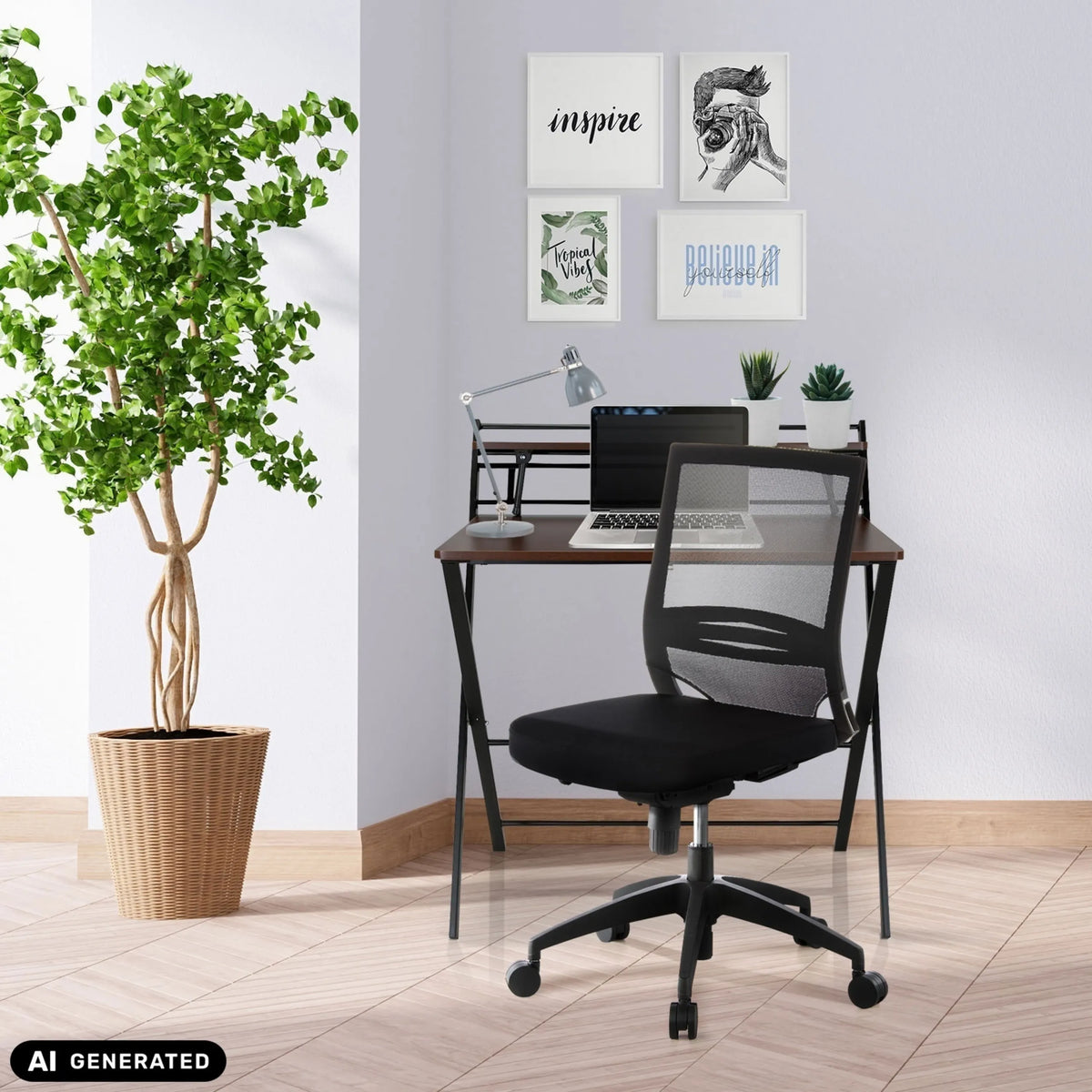 Svart professionell kontorsstol PORTO PRO med nätrygg vid ett skrivbord från hjh OFFICE (AI-genererad bild)