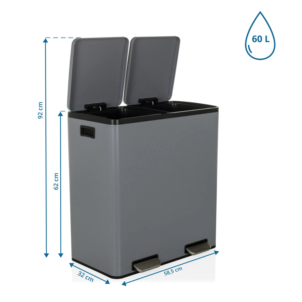 Måttskiss av papperskorg Clean 13 med 60 L kapacitet och 58,5 x 32 cm från hjh OFFICE