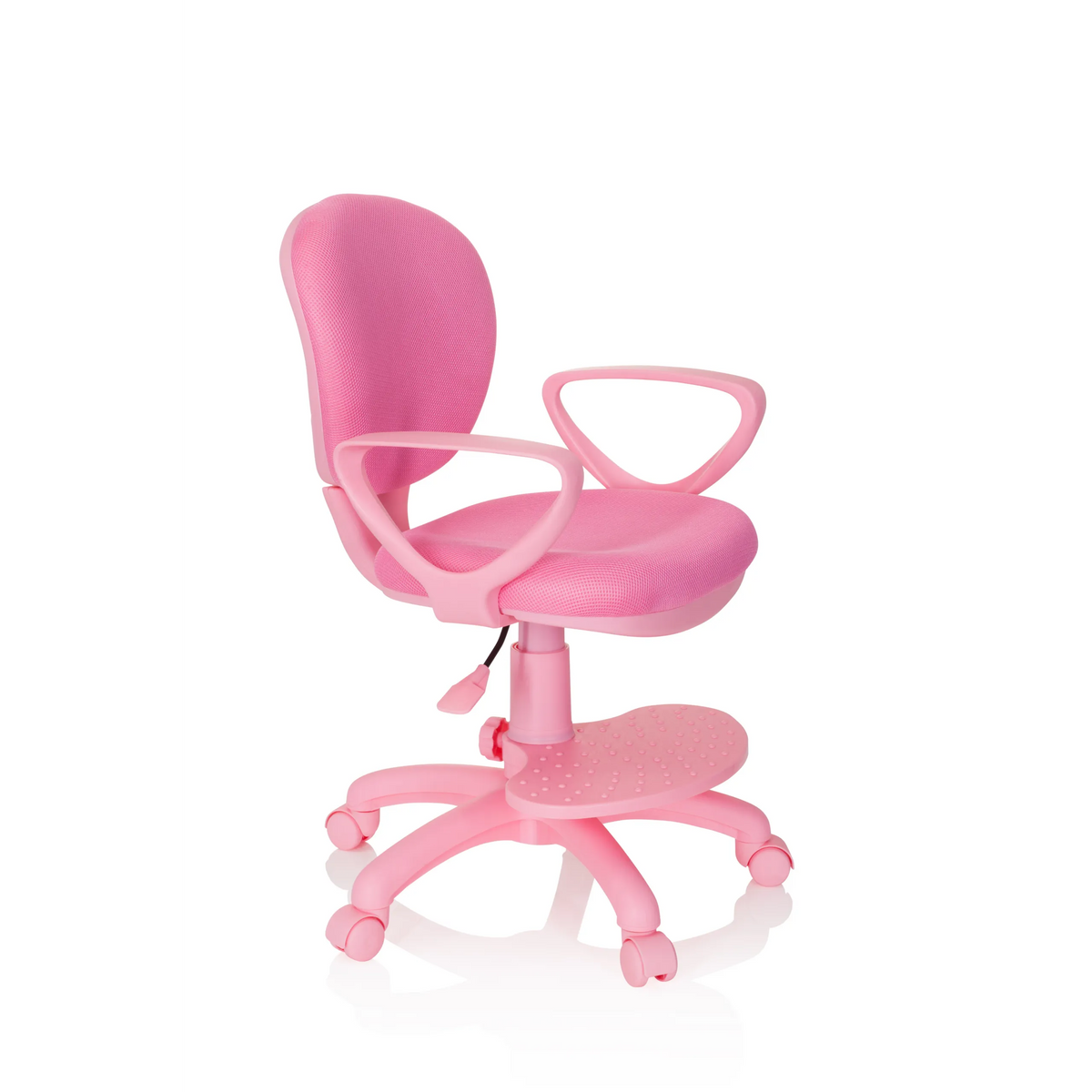 Rosa Snurrstol för barn KID COLOUR med armstöd och femhjulig fotkorsbas från hjh OFFICE – 360-gradersvy (snett framifrån 60°)
