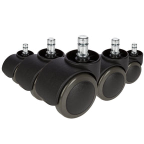 Fem svarta 5x ROLO 10mm/50mm Stol på hjul för hårda golv med silverfärgade bultar från hjh OFFICE