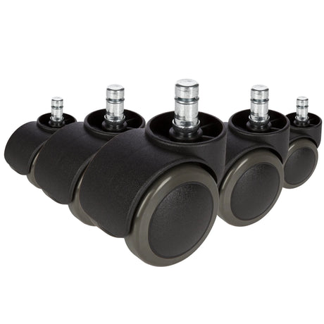 Fem svarta 5x ROLO 10mm/50mm Stol på hjul för hårda golv med silverfärgade bultar från hjh OFFICE