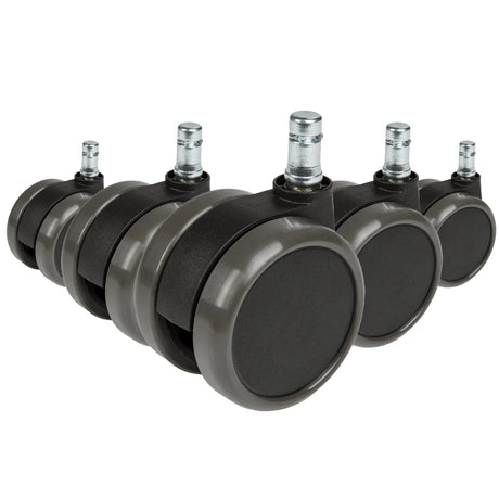 Fem svarta hjul 5x ROLO 11mm/65mm för hårda golv med silverfärgade bultar från hjh OFFICE