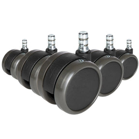 Fem svarta hjul 5x ROLO No-Noise 11mm/65mm för hårda golv med silverfärgade bultar från hjh OFFICE