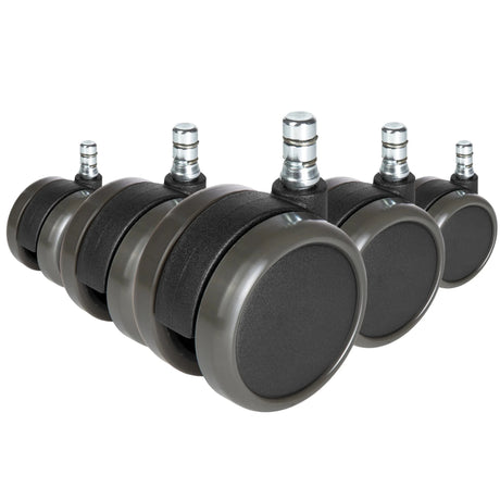 Fem svarta hjul 5x ROLO No-Noise 11mm/65mm för hårda golv med silverfärgade bultar från hjh OFFICE