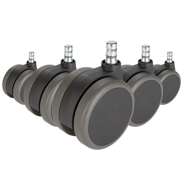 Fem svarta hjul till stol 5x ROLO No-Noise 11mm/75mm för hårda golv med silverfärgade metallstift från hjh OFFICE