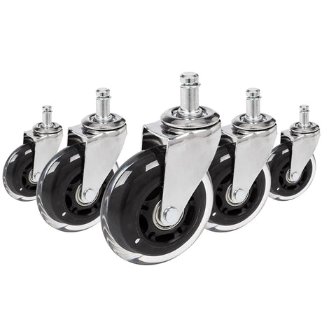 Fem 5x ROLO SKATE CT 11mm/75mm hjul till stol i silver och transparent för hårda golv från hjh OFFICE