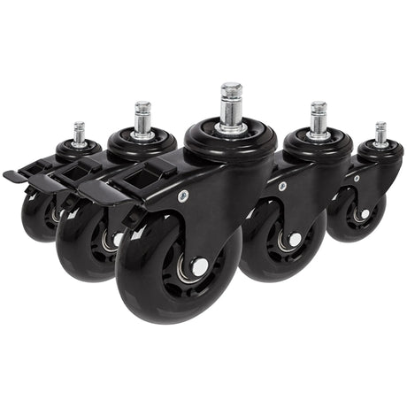 Fem svarta hjul 5x ROLO SKATE S 11mm/75mm med lås för hårda golv från hjh OFFICE