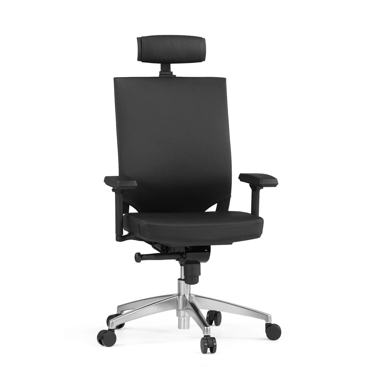 Svart Professionell kontorsstol PORTO MAX HIGH i läder med nackstöd och femhjulig fotkorsbas från hjh OFFICE – 360-gradersvy (framifrån 15°)